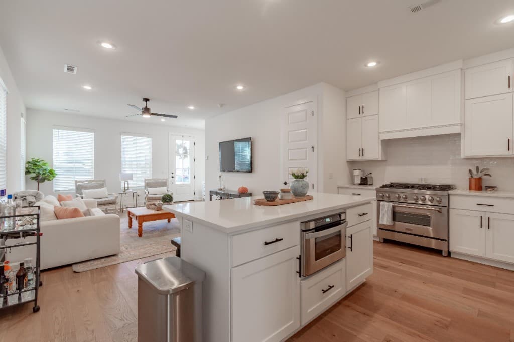 Deans Row Avenue — kitchen island looking toward the living room