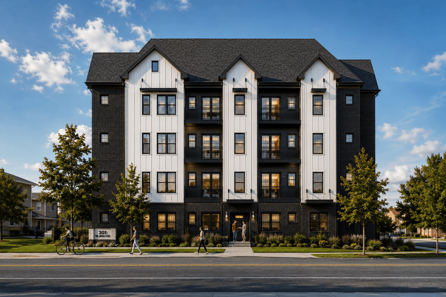 Sagely Place — exterior architectural rendering, corner of Apache Street and Santa Fe Avenue